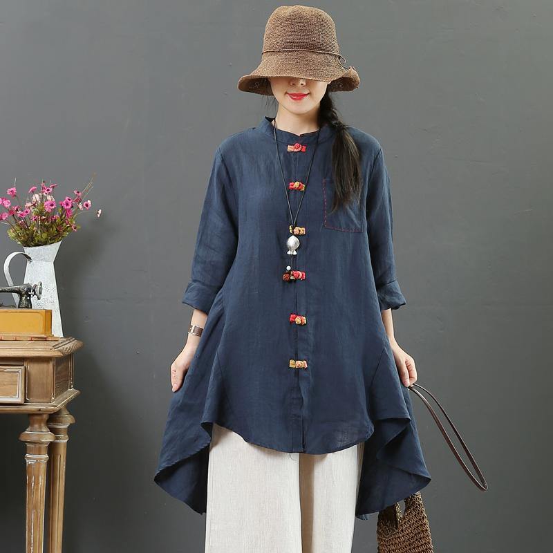 Unique navy linen box top stand collar low high design Vestidos De Lino fall tops - Omychic