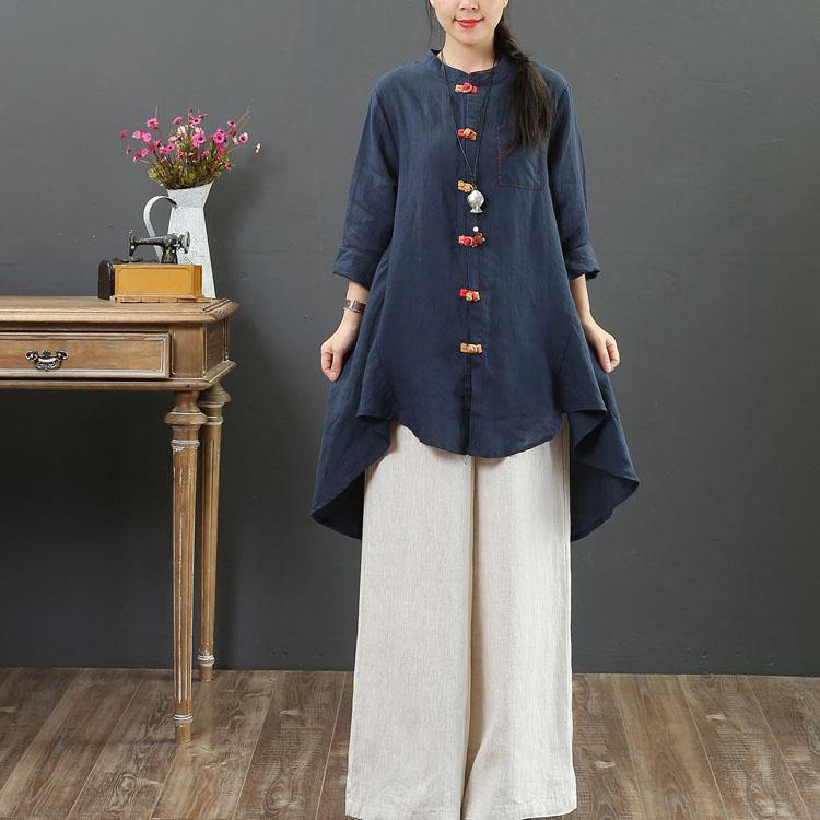 Unique navy linen box top stand collar low high design Vestidos De Lino fall tops - Omychic