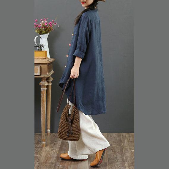 Unique navy linen box top stand collar low high design Vestidos De Lino fall tops - Omychic