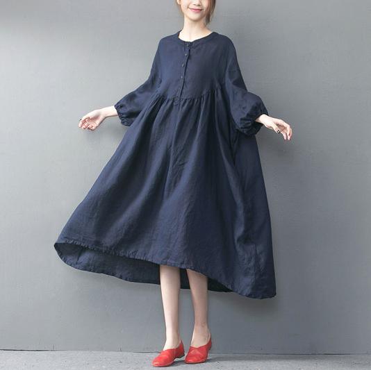 Unique navy linen clothes For Women top quality Wardrobes o neck wrinkled long Summer Dress - Omychic