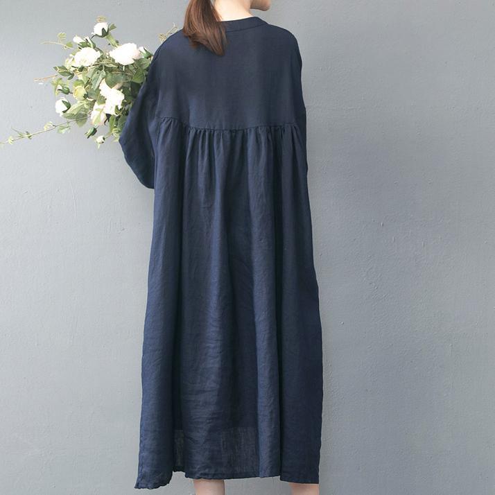 Unique navy linen clothes For Women top quality Wardrobes o neck wrinkled long Summer Dress - Omychic