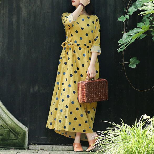 Unique o neck Three Quarter sleeve cotton dresses Pakistani Inspiration yellow dotted A Line Dress Summer - Omychic