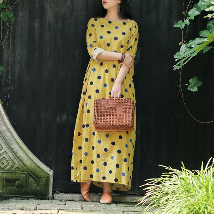 Unique o neck Three Quarter sleeve cotton dresses Pakistani Inspiration yellow dotted A Line Dress Summer - Omychic