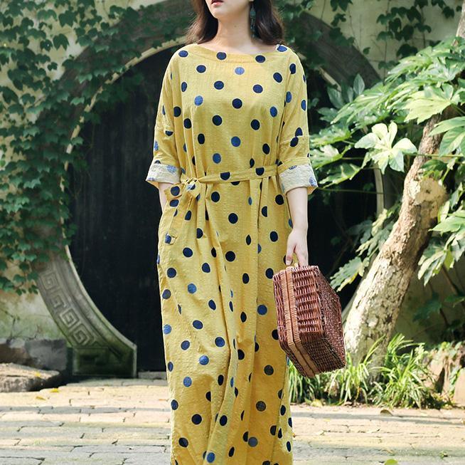 Unique o neck Three Quarter sleeve cotton dresses Pakistani Inspiration yellow dotted A Line Dress Summer - Omychic