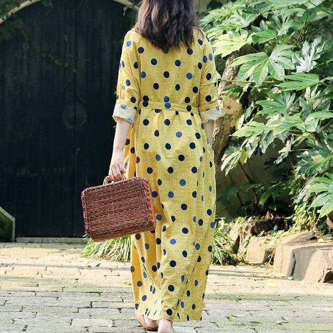 Unique o neck Three Quarter sleeve cotton dresses Pakistani Inspiration yellow dotted A Line Dress Summer - Omychic
