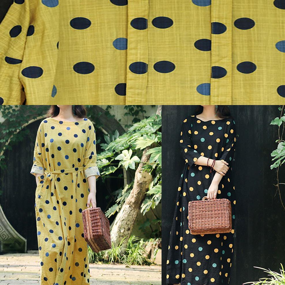 Unique o neck Three Quarter sleeve cotton dresses Pakistani Inspiration yellow dotted A Line Dress Summer - Omychic