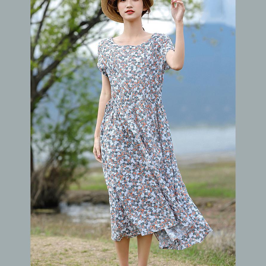 Unique o neck cotton clothes Women stylish Shape gray floral long Dress Summer - Omychic