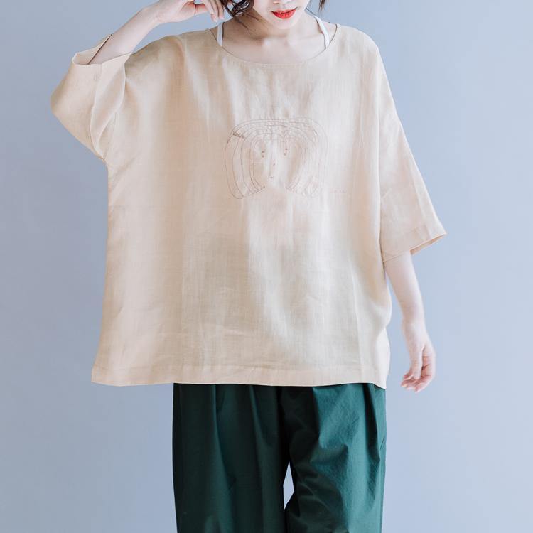 Unique o neck embroidery cotton clothes khaki short tops summer - Omychic