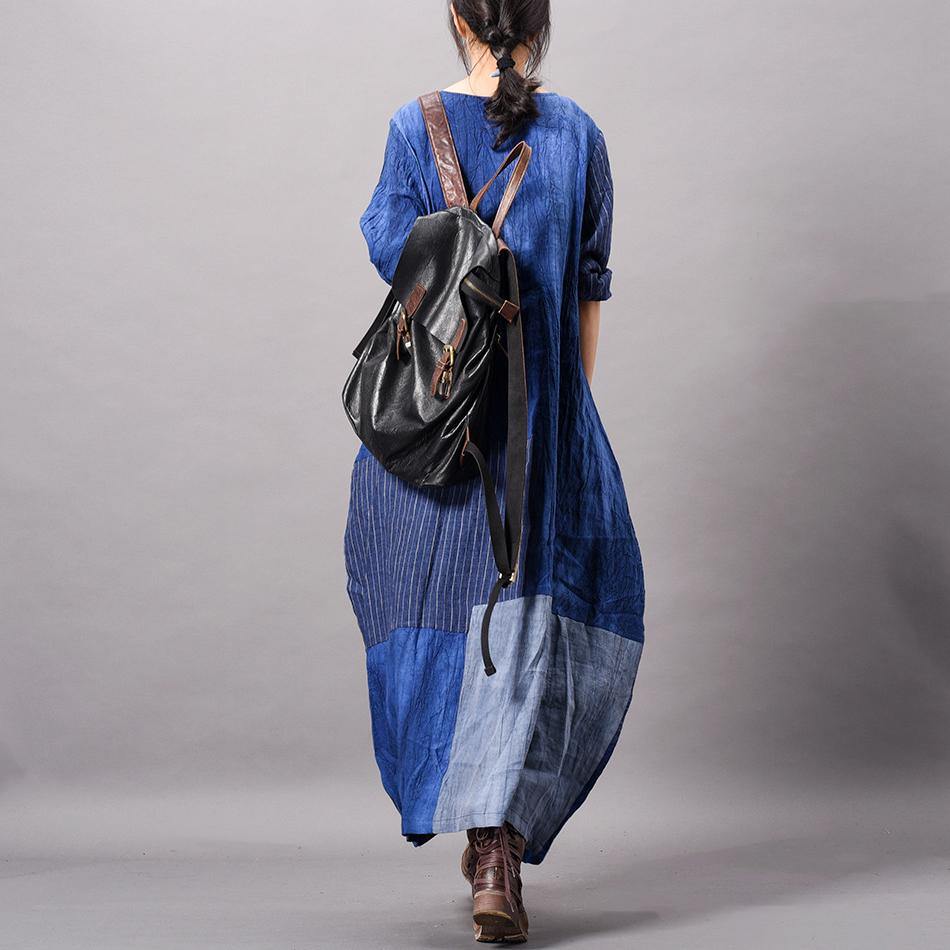 Unique o neck patchwork linen Robes Fine Outfits blue Maxi Dresses spring - Omychic