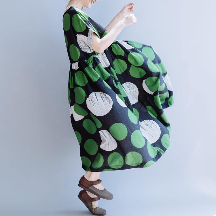 Unique o neck pockets cotton dress Neckline green dotted Art Dresses summer - Omychic