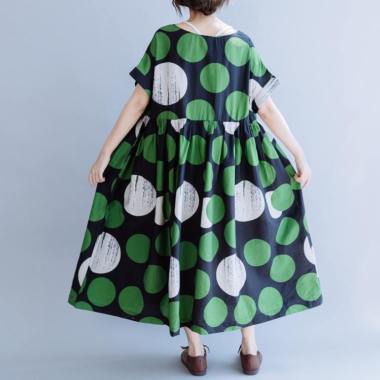 Unique o neck pockets cotton dress Neckline green dotted Art Dresses summer - Omychic