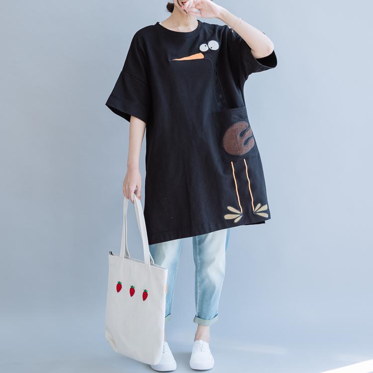 Unique o neck side open cotton Long Shirts Outfits black shirts summer - Omychic