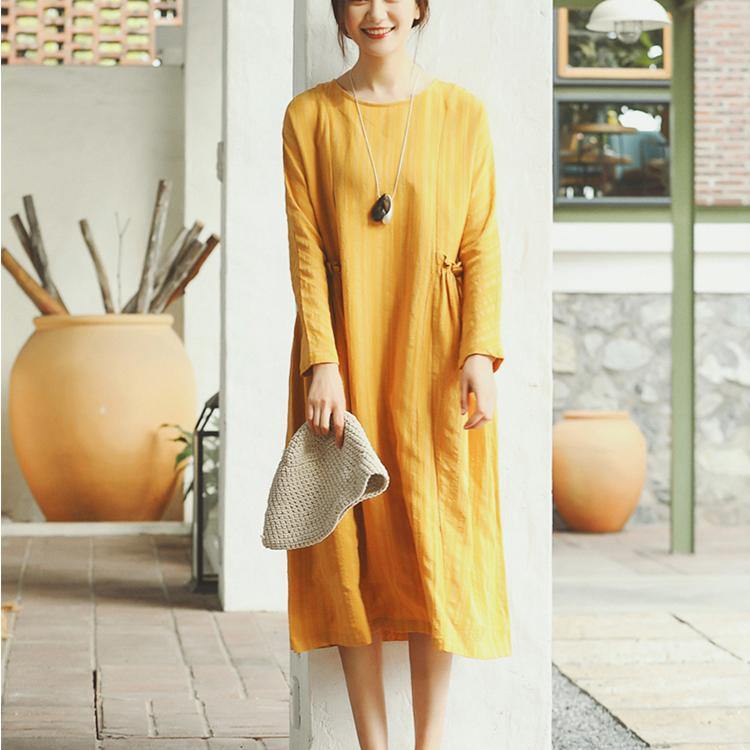 Unique o neck wrinkled linen clothes For Women Outfits yellow Plus Size Dresses spring - Omychic