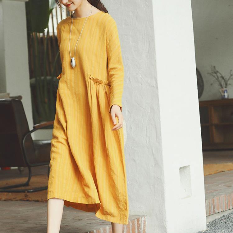 Unique o neck wrinkled linen clothes For Women Outfits yellow Plus Size Dresses spring - Omychic