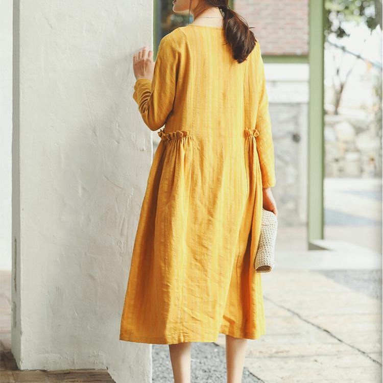 Unique o neck wrinkled linen clothes For Women Outfits yellow Plus Size Dresses spring - Omychic