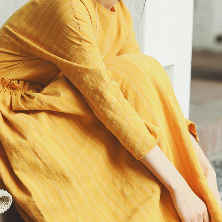 Unique o neck wrinkled linen clothes For Women Outfits yellow Plus Size Dresses spring - Omychic