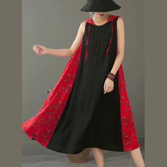 Unique patchwork hooded linen Wardrobes Runway black Dress summer - Omychic