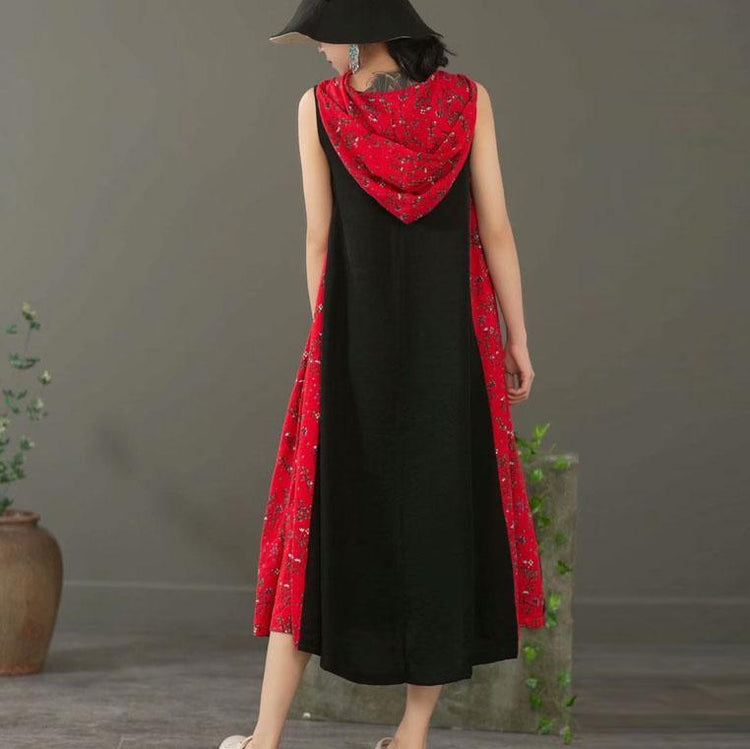 Unique patchwork hooded linen Wardrobes Runway black Dress summer - Omychic