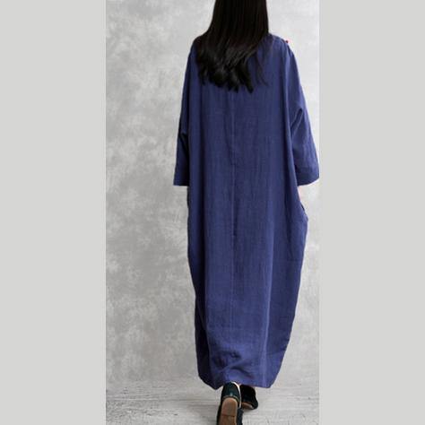 Unique patchwork linen clothes For Women Plus Size Sleeve blue Art Dress spring - Omychic