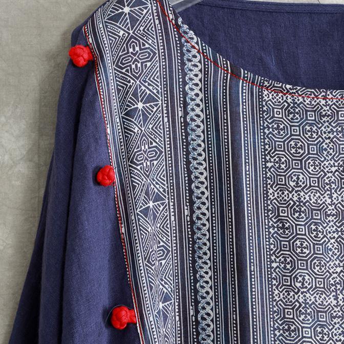Unique patchwork linen clothes For Women Plus Size Sleeve blue Art Dress spring - Omychic