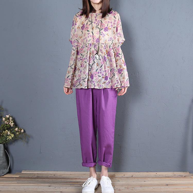 Unique purple print cotton clothes For Women wrinkled o neck Vestidos De Lino summer blouses - Omychic
