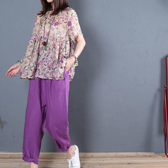 Unique purple print cotton clothes For Women wrinkled o neck Vestidos De Lino summer blouses - Omychic