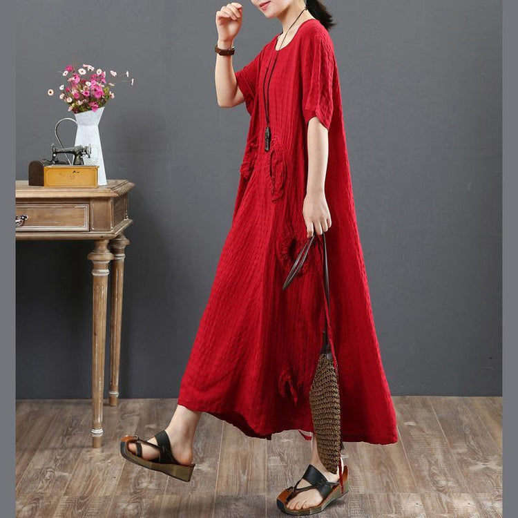 Unique red linen outfit boutique Shape o neck side open Traveling Summer Dresses - Omychic