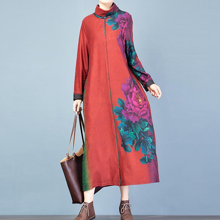 Unique red print cotton Tunics high neck Art fall Dress - Omychic
