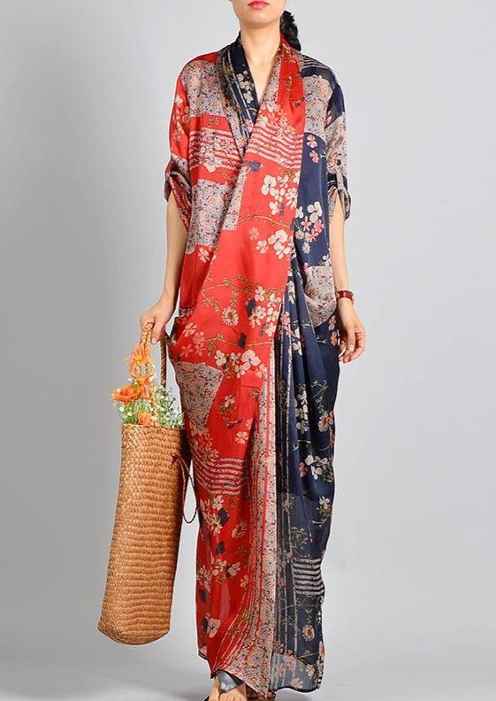 Unique Red Print Silk Blended Robes Korea Work Outfits V Neck Pockets Robes Spring Dress ( Limited Stock) - Omychic