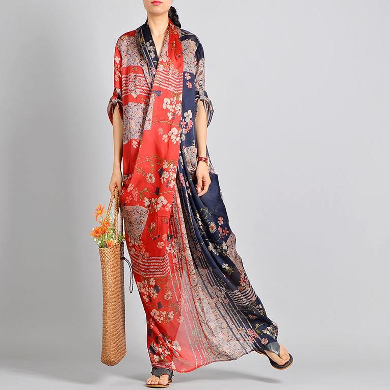 Unique Red Print Silk Blend Robes V Neck Robes Maxi Dress – Omychic