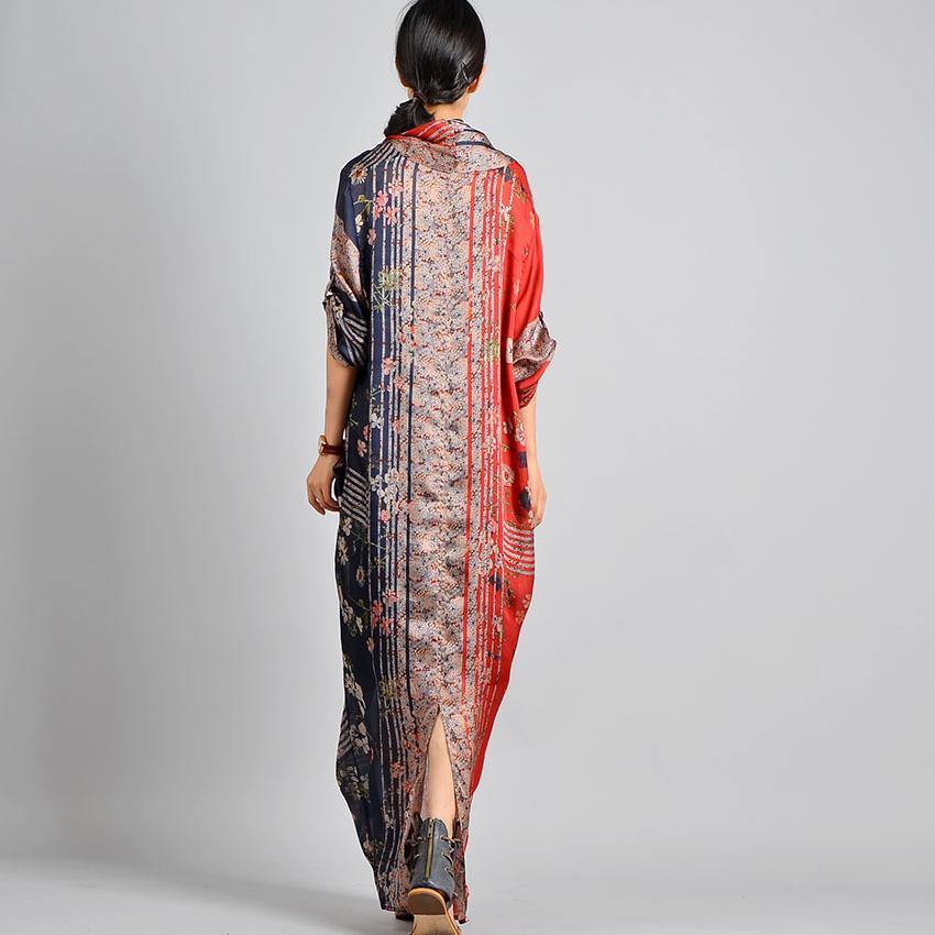 Unique Red Print Silk Blended Robes Korea Work Outfits V Neck Pockets Robes Spring Dress ( Limited Stock) - Omychic