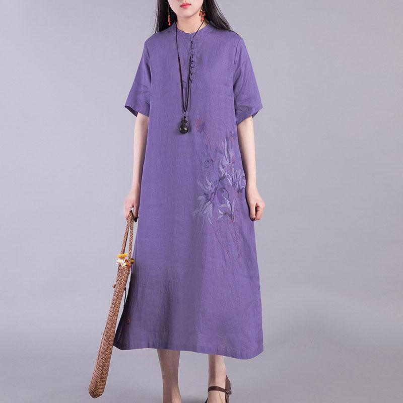 Unique short sleeve linen Long Shirts Outfits purple Dresses summer - Omychic