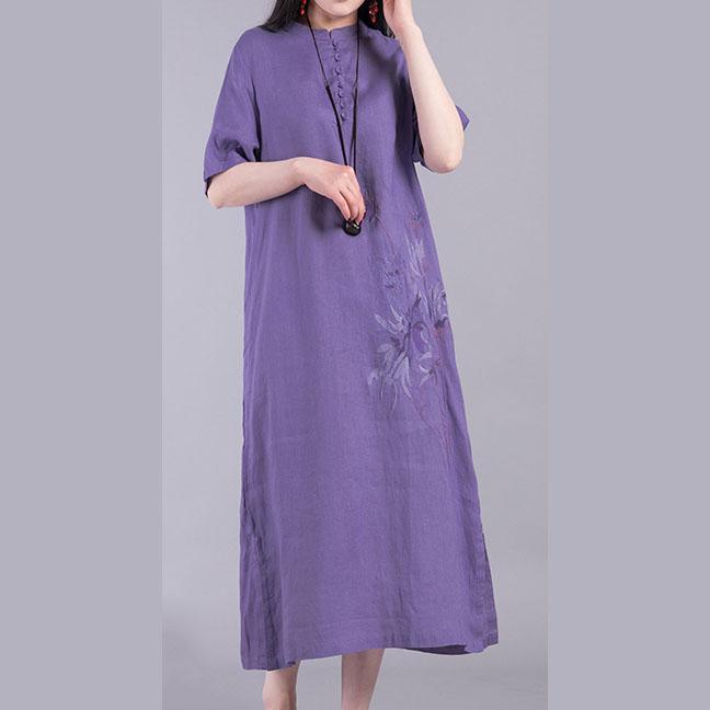 Unique short sleeve linen Long Shirts Outfits purple Dresses summer - Omychic