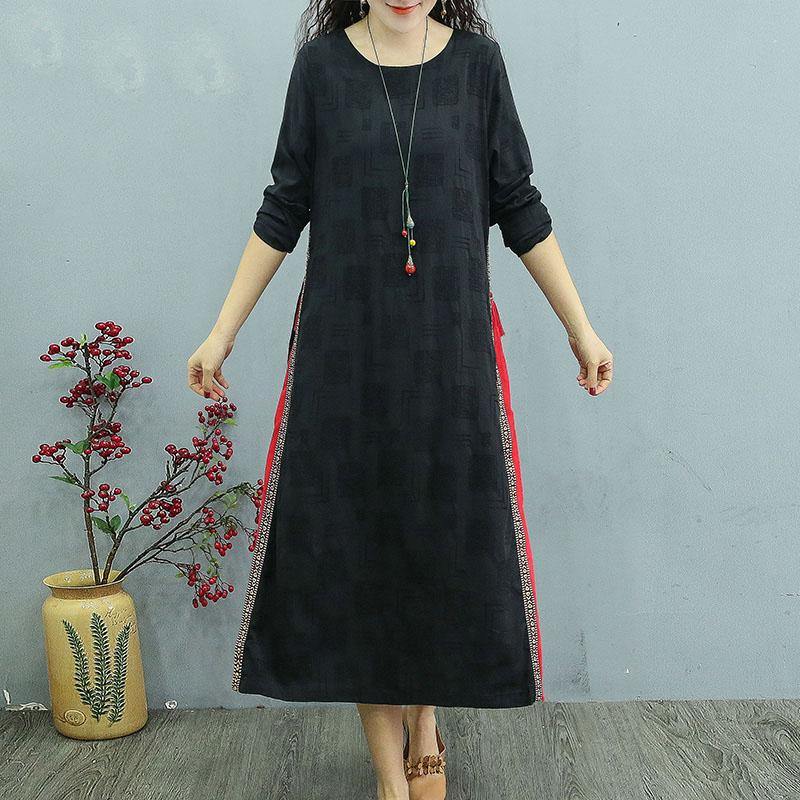 Unique side open cotton clothes design black patchwork Plus Size Dress autumn - Omychic
