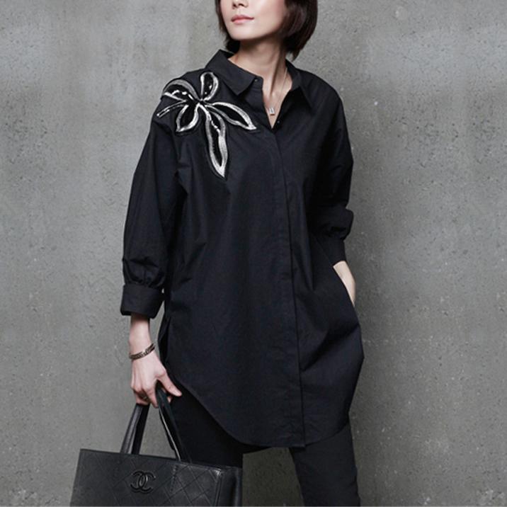 Unique side open cotton embroidery blouses for women Sleeve black blouses - Omychic