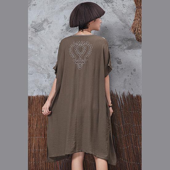 Unique side open linen Robes Wardrobes dark khaki  Dress embroidery summer - Omychic