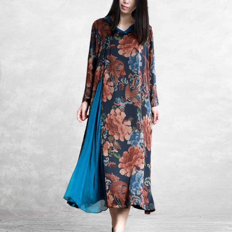 Unique silk Long Shirts Organic Shape black blue asymmetric prints Maxi Dress - Omychic