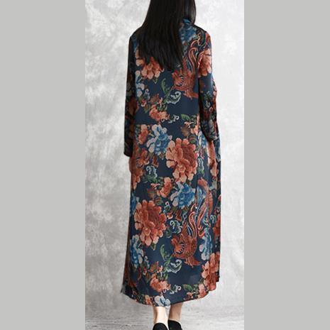 Unique silk Long Shirts Organic Shape black blue asymmetric prints Maxi Dress - Omychic