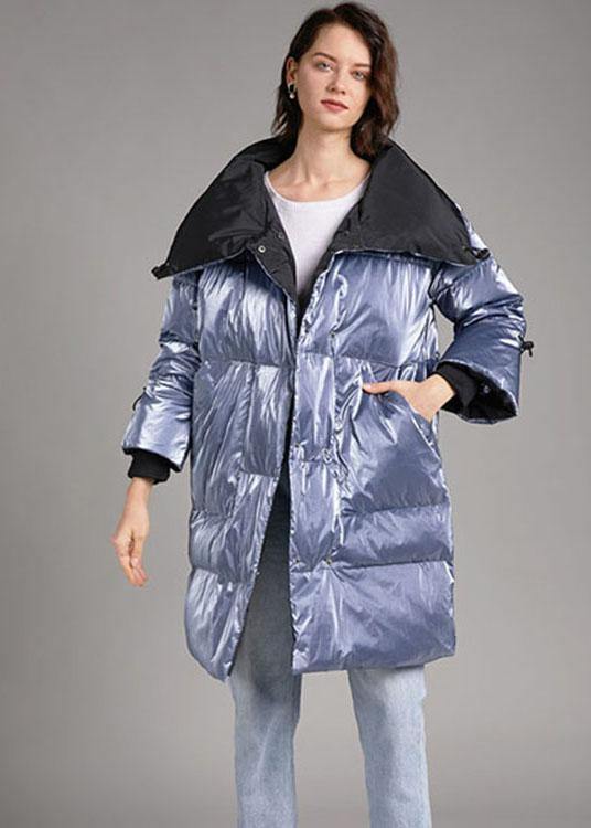 Unique silver Grey Stand Collar Pockets slim fit Winter Duck Down Down Coat - Omychic