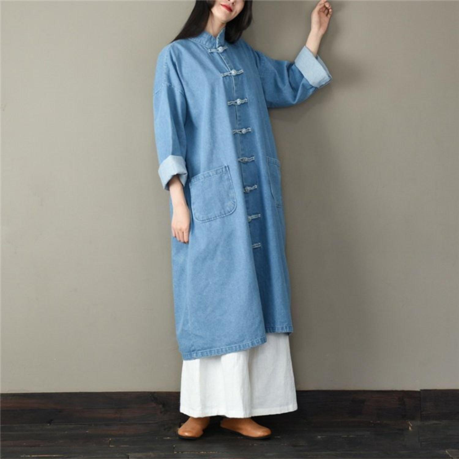 Unique stand collar Fashion spring tunic pattern light blue short coat - Omychic