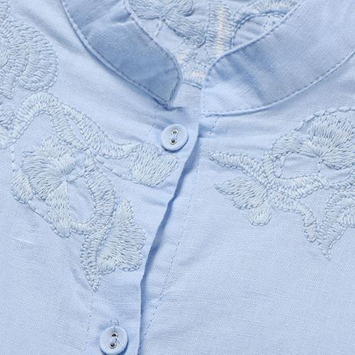 Unique stand collar cotton clothes For Women light blue embroidery shirt - Omychic