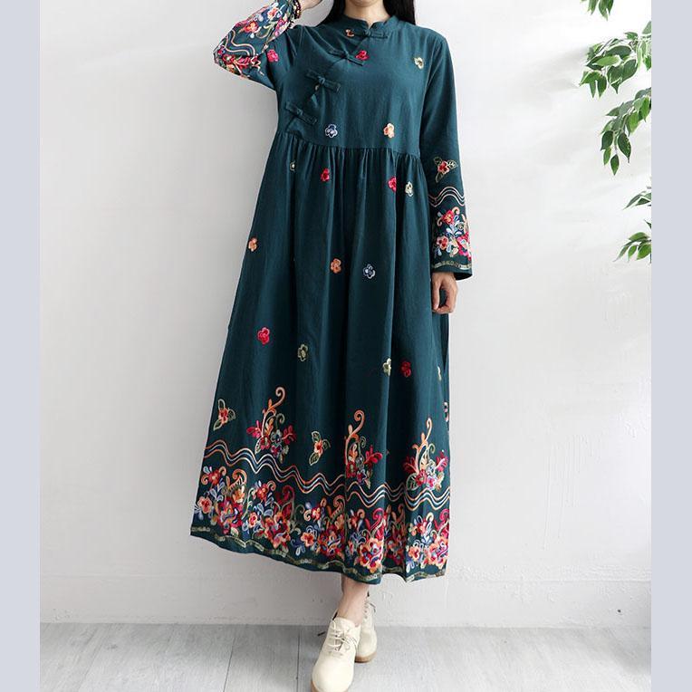 Unique stand collar cotton linen dress Photography green embroidery Dress autumn - Omychic