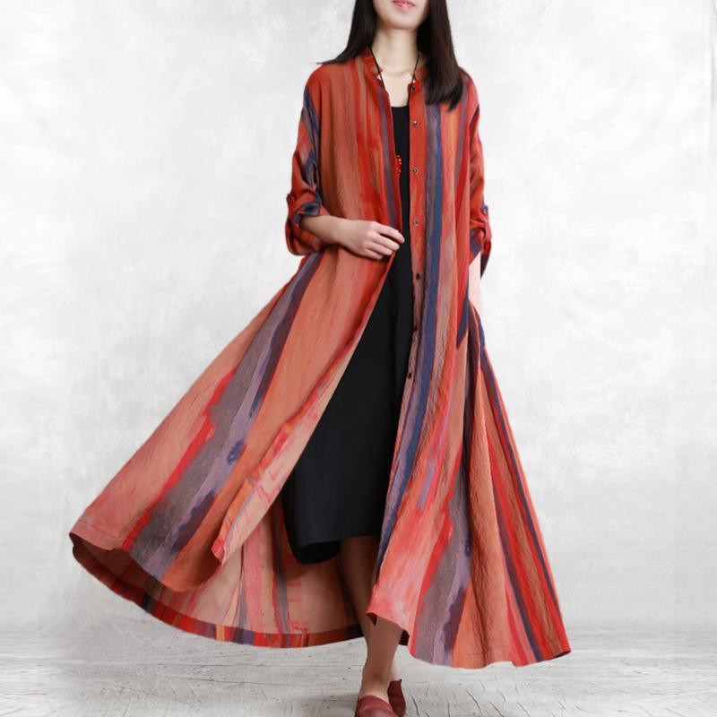 Unique stand collar linen clothes Fine Shape orange striped long coat - Omychic