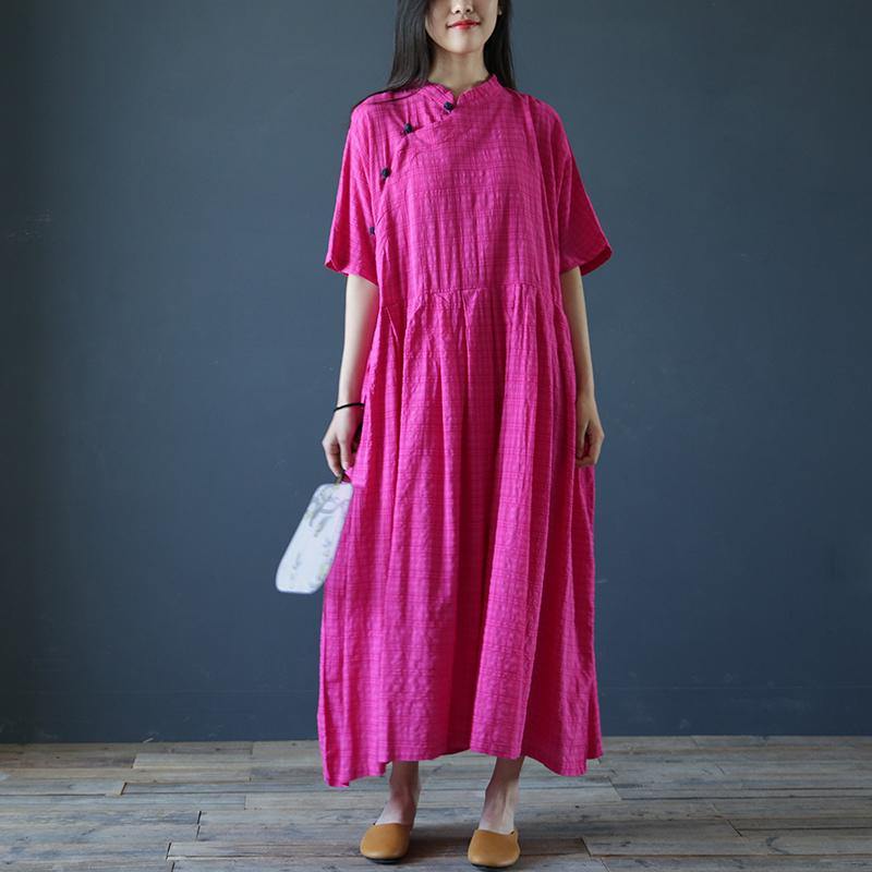 Unique stand collar linen dresses Tutorials rose Dress summer - Omychic