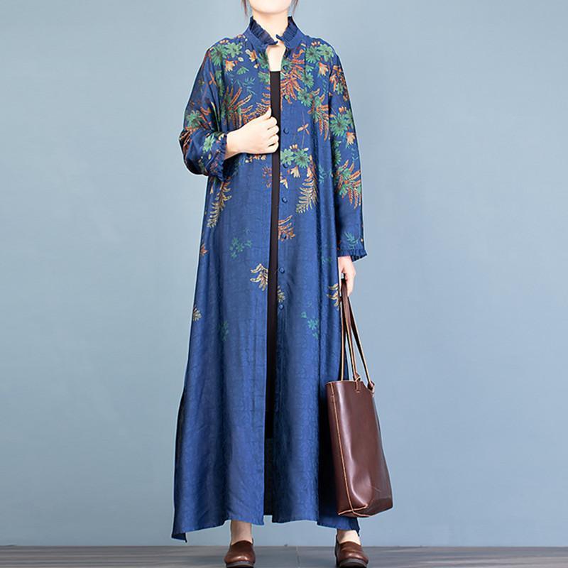 Unique stand collar side open Fashion trench coat blue print loose women cardigan - Omychic