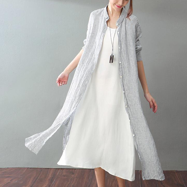 Unique stand collar side open linen Wardrobes Plus Size gray white striped long Dresses summer - Omychic