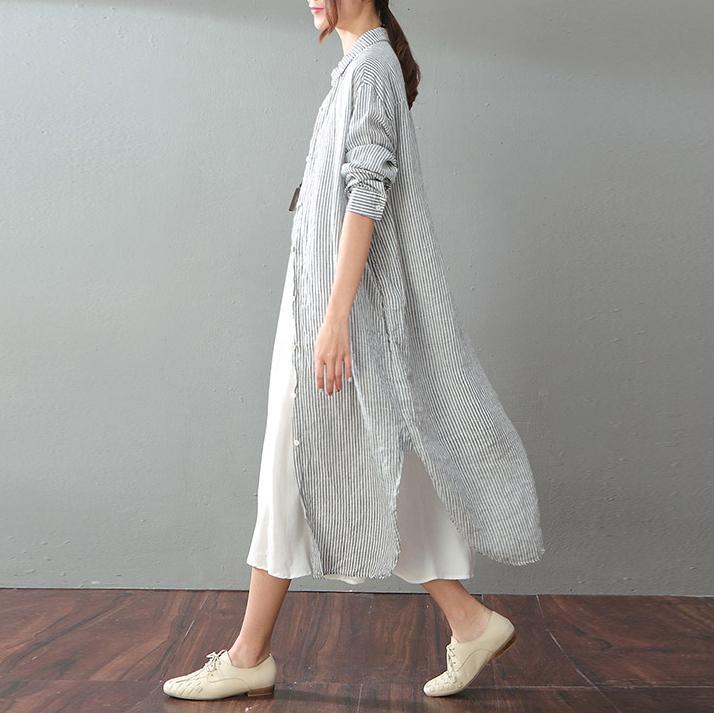 Unique stand collar side open linen Wardrobes Plus Size gray white striped long Dresses summer - Omychic