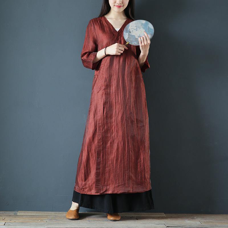 Unique tie waist linen clothes For Women Wardrobes burgundy Dresses summer - Omychic