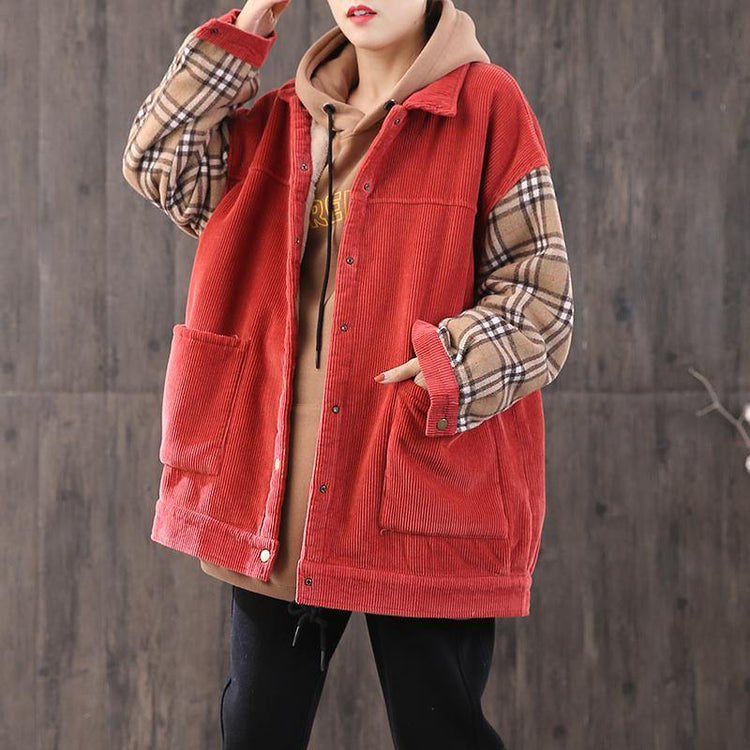 Unique two big pockets cotton patchwork clothes Christmas Gifts red shirt - Omychic