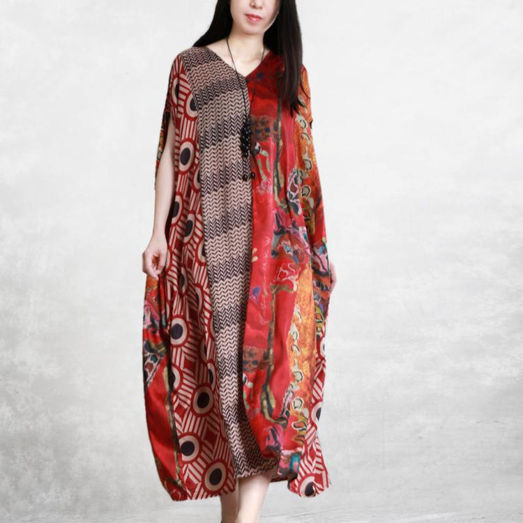 Unique v neck Batwing Sleeve chiffon Long Fashion Fabrics red print Maxi Dress Summer - Omychic